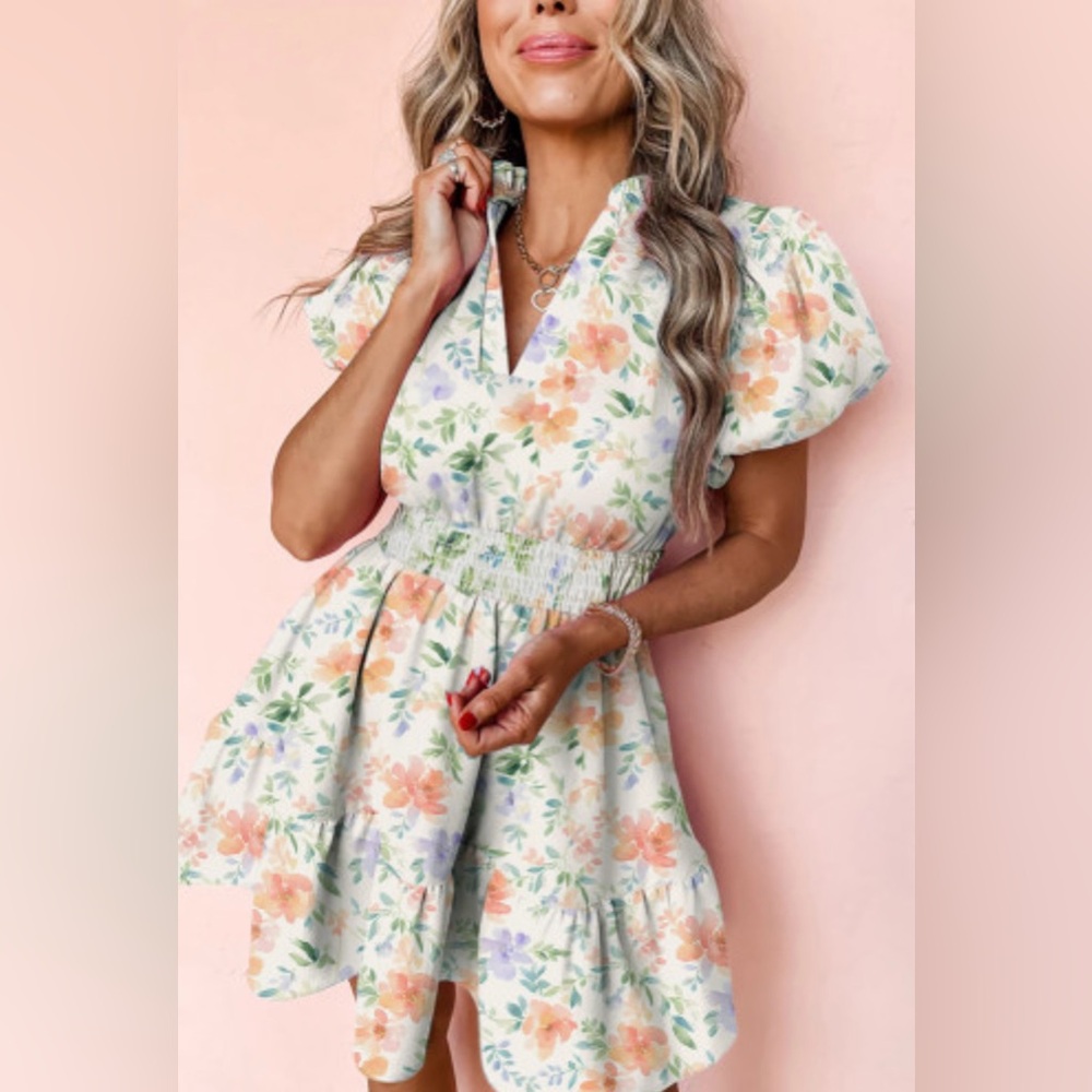 Beige Floral Print Shirred High Waist Puff Sleeve Mini Dress - Picture 7 of 9